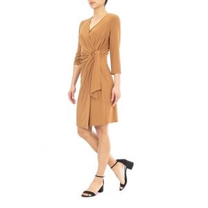 Nina Leonard Woman's Faux Wrap Dress Jersey Knit in Camel Tan